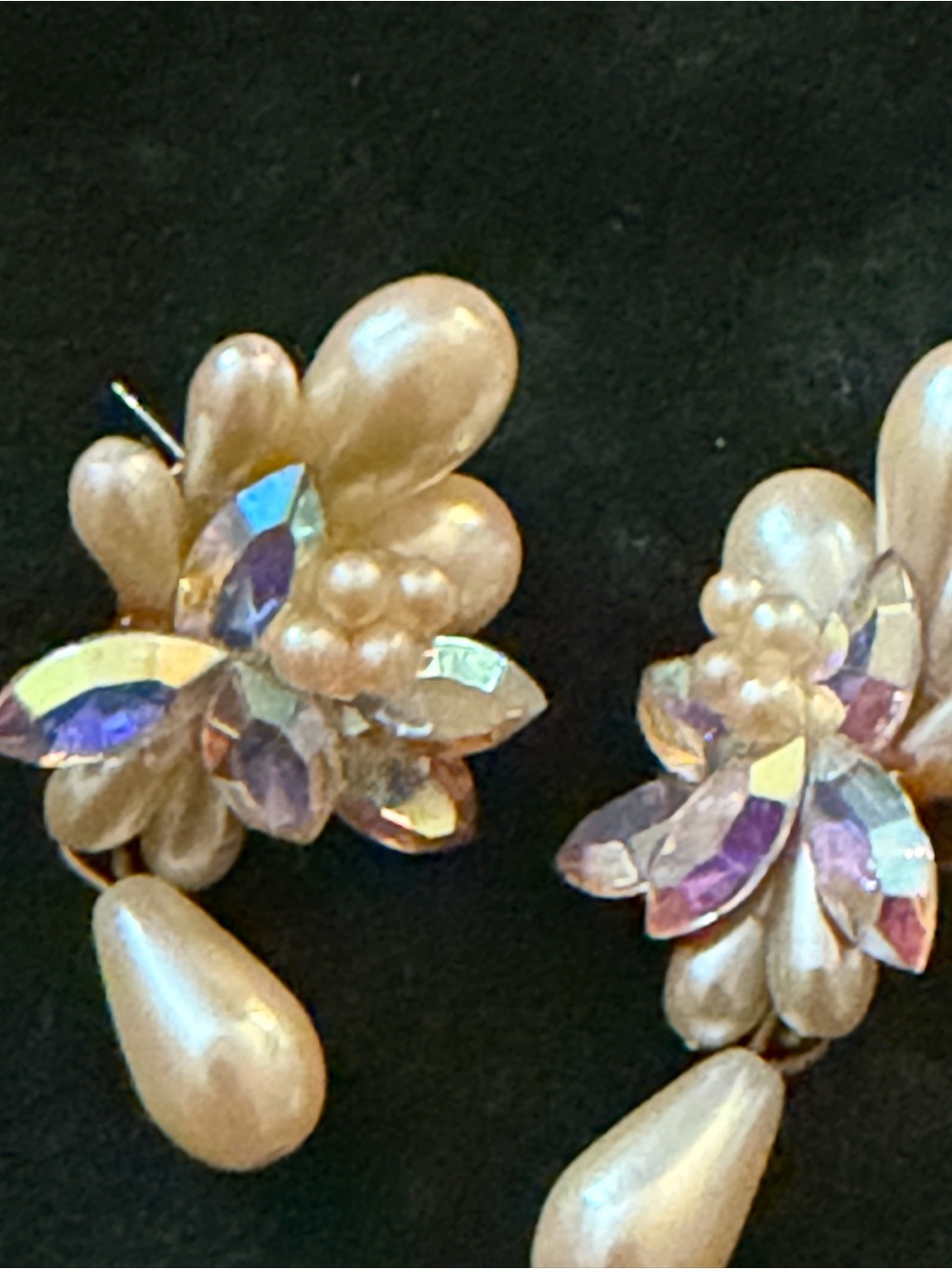 Pearl Teardrop and Aurora Crystal Cluster Clip-On Earrings - Pink